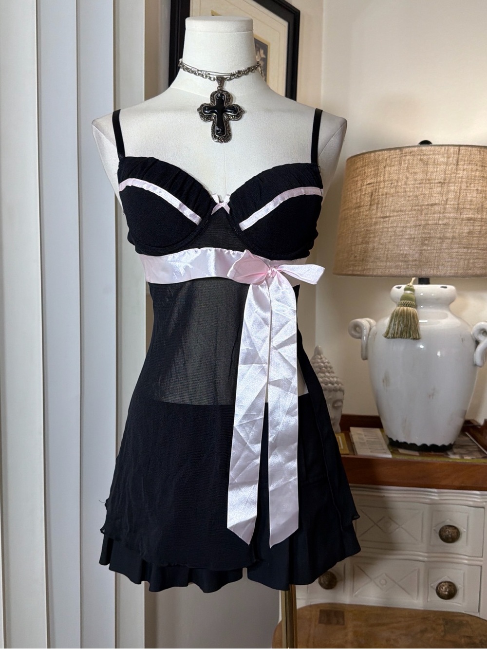 Rampage Black & Light Pink Satin-Trim Babydoll Chemise